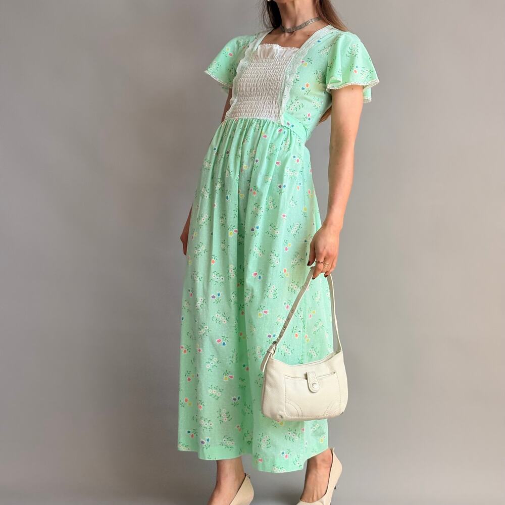 Vintage 70s Sears Growing Girl Green Floral Prairie Dress - Small
